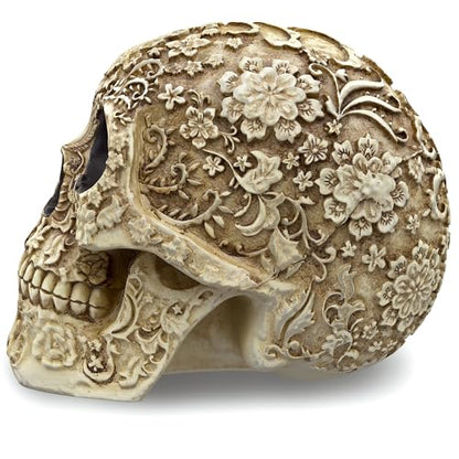 READAEER Life Size Skull Resin Floral Human Skull Model Adult Head Bone Model Day of The Dead Décor - style: Floral
