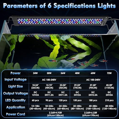 AQQA LED Aquarium Light 48W for 32-40 Inch Fish Tank, 24/7 Mode&DIY Mode Full Spectrum Fish Tank Light, IP68 Waterproof High Lumen Aquarium Plant Light, Adjustable Brightness/Timer, Memory Function - size: For 32'' - 40'' Tank