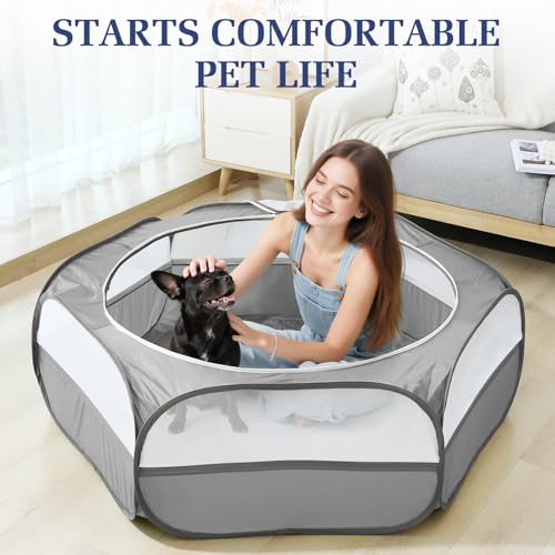 2-in-1 Small Animals Playpen with Pad, Waterproof Small Pet Cage Tent with Reusable Pad, Portable Outdoor Yard Fence with 3 Metal Rod for Chick/Kitten/Puppy/Guinea Pig/Rabbits/Chinchillas, Gray+Gray - color: U-Gray+Gray