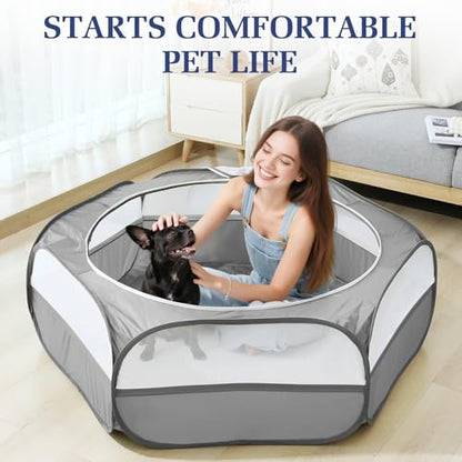 2-in-1 Small Animals Playpen with Pad, Waterproof Small Pet Cage Tent with Reusable Pad, Portable Outdoor Yard Fence with 3 Metal Rod for Chick/Kitten/Puppy/Guinea Pig/Rabbits/Chinchillas, Gray+Gray - color: U-Gray+Gray