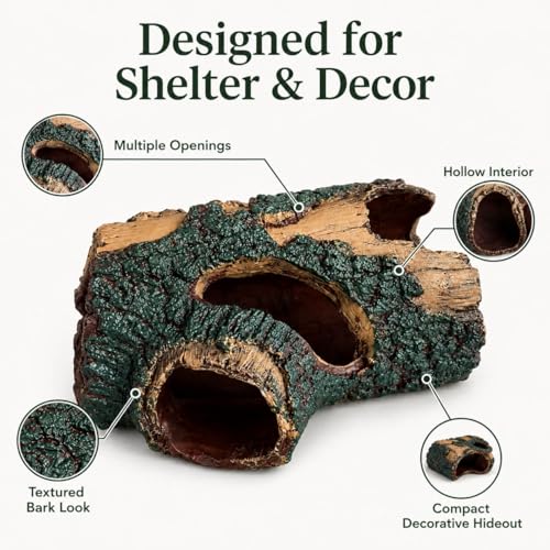 Faux Log Reptile Hideout & Aquarium Cave, Small Lizard Hide for Terrarium and Fish Tank Decor, Multiple Openings, Textured Bark Ornament for Gecko, Shrimp & Small Fish, 5.1 x 3.5 x 2.4 in