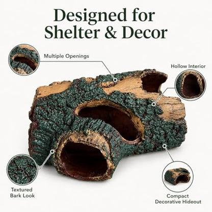 Faux Log Reptile Hideout & Aquarium Cave, Small Lizard Hide for Terrarium and Fish Tank Decor, Multiple Openings, Textured Bark Ornament for Gecko, Shrimp & Small Fish, 5.1 x 3.5 x 2.4 in