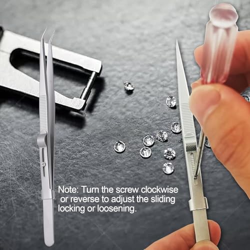 2Pcs Professional Diamond Tweezers Gem Stone Tweezers Jewelry Tweezers Stainless Steel Slide Locking Non-slip Pointed Tip Tweezers with Slot for Jewelers Making