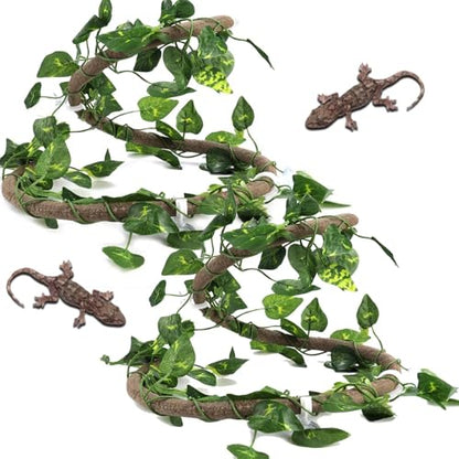Reptile Vines and Flexible Reptile Leaves, 2PCS Bendable Reptile Branches Plants for Terrarium, Fake Plants for Reptiles Climbing Decor with Suction Cup Chameleon Cage Accessories (Rattan + green - size: Rattan + green radish leaves