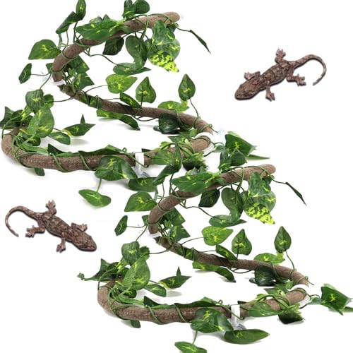 Reptile Vines and Flexible Reptile Leaves, 2PCS Bendable Reptile Branches Plants for Terrarium, Fake Plants for Reptiles Climbing Decor with Suction Cup Chameleon Cage Accessories (Rattan + green - size: Rattan + green radish leaves