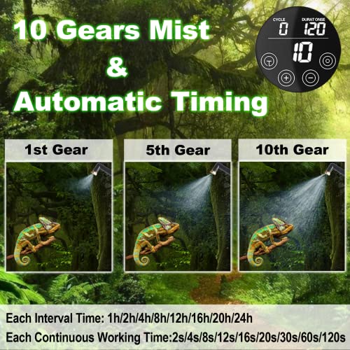 Reptile Fogger, 10 Mist Gears Reptile Humidifier, Automatic Timing Reptile Mister, Slient Reptile Misting System, Top Filling Terrarium Fogger with 4 Nozzles for Reptiles/Amphibians/Vivarium