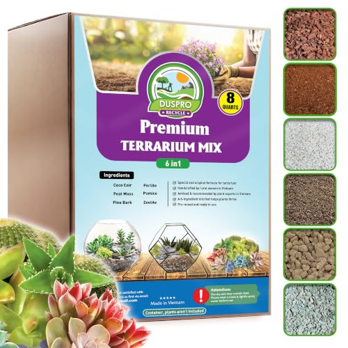 DUSPRO Premium 6in1 Terrarium Soil Mix – Pre-Mixed Terrarium Substrate Mix for Terrariums, Balanced Moisture Growing Medium with Coco Coir, Peat Moss, Pine Bark, Perlite, Pumice & Zeolite 8QRT - size: Terrarium Soil 8 Quarts