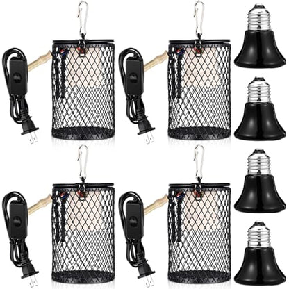 Retisee 4 Pcs Reptile Heat Lamp with Guard Bird Cage Heater 100w Ceramic Bulb Anti-scalding Heat Lamp Holder Bulb Short Grid Cage with Anti-bite Hook and Power Switch for Parrot Lizards Snakes Chicks