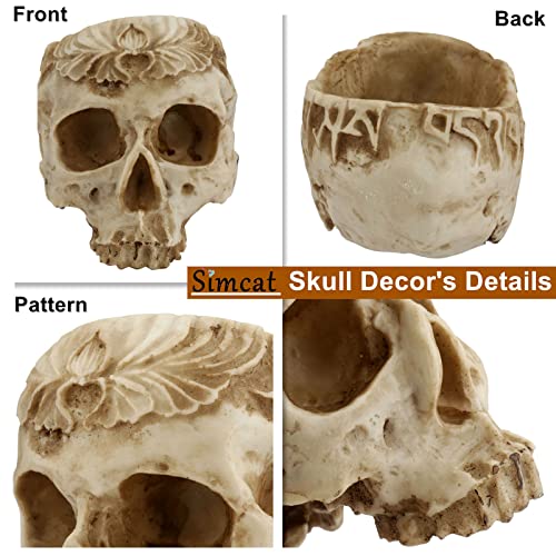 Simcat Skull Planter, Resin Succulents Pot Carved Skull Flower Pot Gothic Planter Halloween Candy Bowl Antique and Distressed Design Skeleton Decor for Home Office