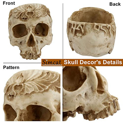 Simcat Skull Planter, Resin Succulents Pot Carved Skull Flower Pot Gothic Planter Halloween Candy Bowl Antique and Distressed Design Skeleton Decor for Home Office