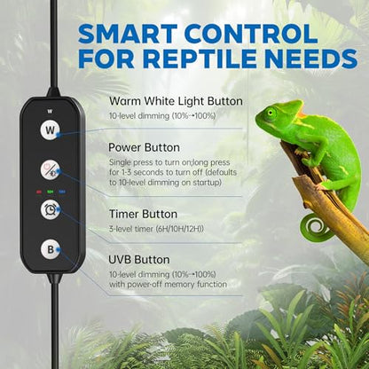 Reptile UVB Light & Heater Lamp, 10in Aluminum UVA UVB LEDfor Rainforest and Desert Reptiles, Geckos, Chameleons and Bearded Dragons, Adjustable 6/10/12H Timer, Dimmable with 3 Lighting Modes - size: 10inch
