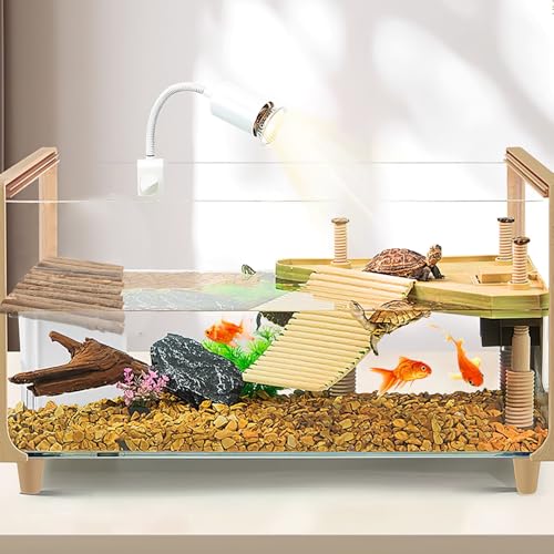 Beaupretty Wooden Turtle Hideout with Climbing Stick Basking Platform Reptile Terrarium Hideout for Tortoise Habitat Decoration