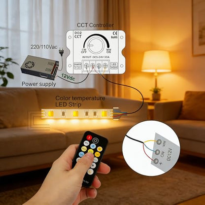 CCT LED Controller, DC 5V-12V-24V 30A RF Wireless Dimmer Rotary Button and 17 Key Remote Control, PWM Dimmable Brightness Adjust LED Strip Light Controller for CCT LED Strip Lights - color: CCT Mini Remote