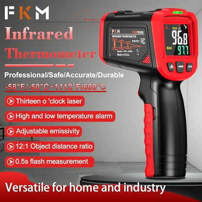 FKM Infrared Thermometer Gun,Non Contact Laser Thermometer Gun for Industrial,HVAC,Engine,Kitchen Cooking,Digital IR Temperature Gun -58°F~1112°F(-50°C~600°C) Adjustable Emissivity,Not for Human - color: Red