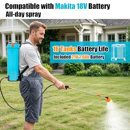 SideKing Battery Powered Backpack Sprayer 4 Gallon, 0-100 PSI Adjustable Pressure Sprayer Compatible with Makita 18V Battery, Electric Sprayer with Wand, 5 Nozzles, 2.6Ah Battery&Charger Included - size: 4.2 Gallon