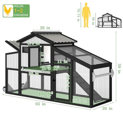 Chicken Coop and Run with Wheels, Portable Two Story Rabbit Hutch Indoor Outdoor, Wooden Hen House with Nesting Box, Ramp & Deep No Leak Pull Out Tray for Chick, Rabbit