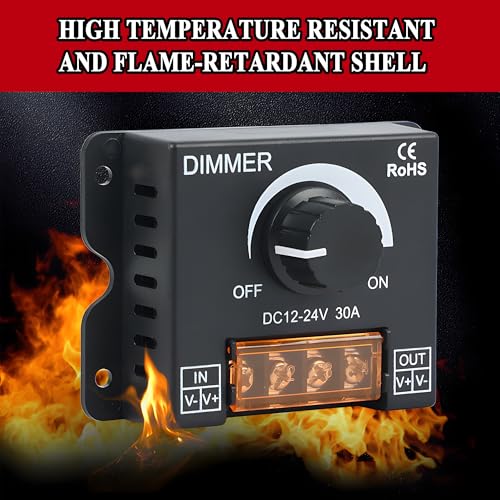 MAYWILLA LED Light Strip Dimmer Controller,DC 12V-24V 30A PWM Stepless Dimming Switch with Adjust Brightness ON/Off Knob and Aluminum Case for Single Channel 5050 3528 LED Light Strip