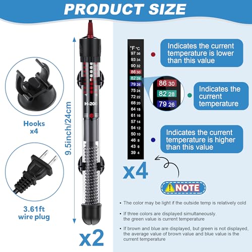 Dreyoo 2 Set 100W Submersible Aquarium Heater, Adjustable Aquarium Fish Tank Heater with 4 Thermometers Stickers and Suckers, Adjustable Knob Thermostat for Marine Saltwater and Freshwater