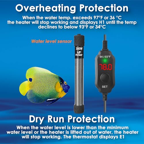 300W Compact Aquarium Heater for 40-60 Gallon Tanks | Submersible Fish Tank Heater with LED Digital Thermostat, Dry-Run & Overheat Protection, Memory Function - size: For Tanks 40-60 Gal