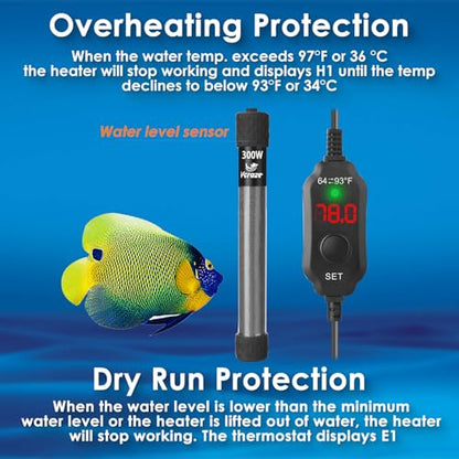 300W Compact Aquarium Heater for 40-60 Gallon Tanks | Submersible Fish Tank Heater with LED Digital Thermostat, Dry-Run & Overheat Protection, Memory Function - size: For Tanks 40-60 Gal