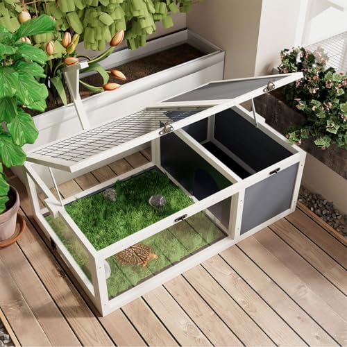 Wooden Tortoise House Large Tortoise Habitat Cage, Reptile Enclosure Indoor & Outdoor with Ramp and 2 Waterproof Trays & Lockable Top, for Small Animals, for Turtles, Lizards, Snakes,