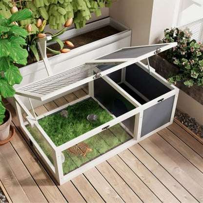 Wooden Tortoise House Large Tortoise Habitat Cage, Reptile Enclosure Indoor & Outdoor with Ramp and 2 Waterproof Trays & Lockable Top, for Small Animals, for Turtles, Lizards, Snakes,