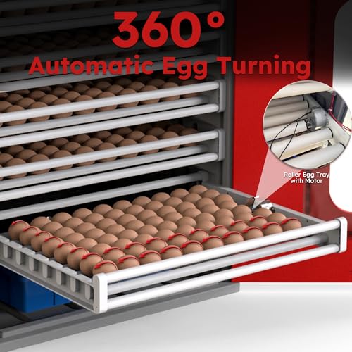 Commercial Digital Egg Incubator, 400-Egg Capacity, 360° Auto-Turning System with Digital Control, Red and Gray Cabinet, Temperature and Humidity Monitoring