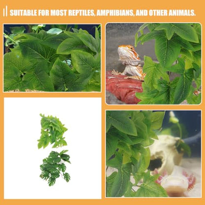 BESPORTBLE 2pcs Artificial Hanging Plant for Reptile Habitat with Suction Cup, Lifelike Plastic Leaf Terrarium Decor, 23 Leaf Monstera and Sweet Potato, Suitable for Amphibians