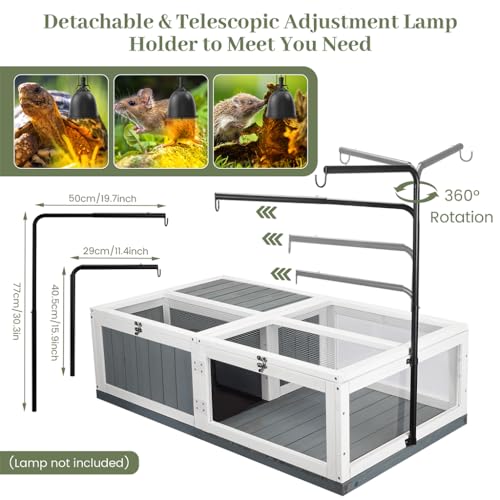 Large Tortoise Habitat, Indoor & Outdoor Wooden Tortoise House with Adjustable Lamp Stand and Water-Resistant Tray, Reptile Cage Tortoises Enclosure for Small Animals, 43" L x 24" W x 13" H