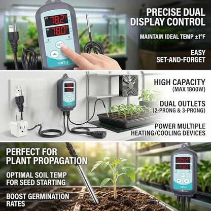 Temperature Controller Plug in Thermostat for Heat Mat & Reptile, 1500W Digital Thermostat Outlet with Probe, Heating & Cooling, Power-Off Memory, 3-Outlet for Multiple Devices