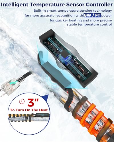 24FT Heat Tape for Water Pipes Electric Heat Tape for Water Pipe Freeze Protection, Heat Cable for Water Pipes Self-Regulating Heating Cable for Metal and Plastic Pipes, 8W/FT, 120V - style: 24ft