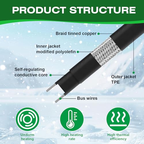 200FT Heat Tape for Water Pipes，-40°F Anti-Freeze De-Icing Heating Tape, Pipe Insulation Heating Cable for Insulation/Roof Snow Removal, Gutter Heating Cable, Heated Water Hose 120V 5W/ft