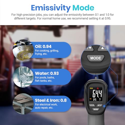Etekcity Temperature Gun Infrared Thermometer -58°F 1130°F, Digital Laser Heat Gun with Adjustable Emissivity & Max Measure for Pizza Ovens, Griddles, Meat, Refrigerators, Engine, HVAC, Kitchen & Pool - color: Gray, style: Classic