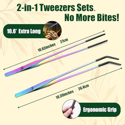 4 Pack Reptile Thermometer and Humidity Gauge & Reptile Feeding Tongs with Rubber Tips, Bearded Dragon Tank Accessories, Digital Hygrometer and 10.6" Straight & Curved Long Tweezers for Lizard, Gecko