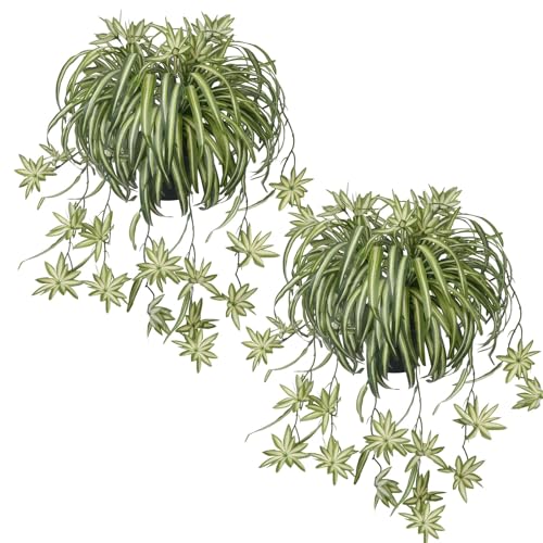 2 Packs Fake Spider Plant Indoor Artificial Potted Silk Plants Faux Vine Plant for Home Office Livingroom Desk Shelf Mantle Decoration - color: In Pot