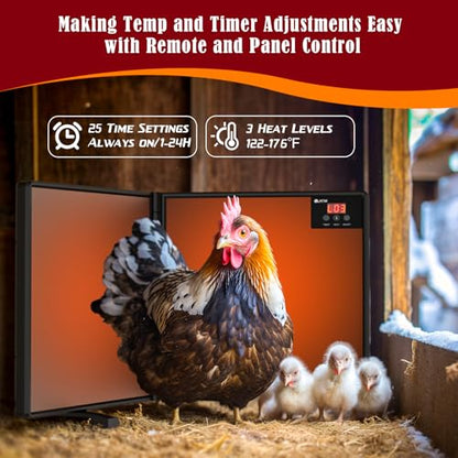 Chicken Coop Heater Inside Coop with Remote Control, 180W Foldable Radiant Heaters, 30''x12'' Large Heating Panel Warmer for Cozy Winter with Adjustable Timer and Temp, Safer Than Brooder Heat Lamp - color: Dark Black 2G-Controller