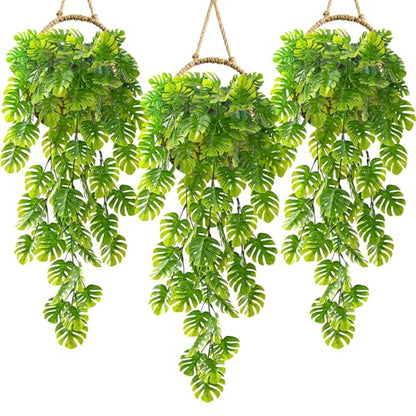 RAINFLOW 3PCS Fake Hanging Plants - 27.5" Uv Resistant Artificial Monstera Vines with 69 Ivy Leaves, Faux Monstera Plant for Wall Shelf Room Patio Garden Wedding Hawaiian Jungle Themed Party Decro - size: 27.5"