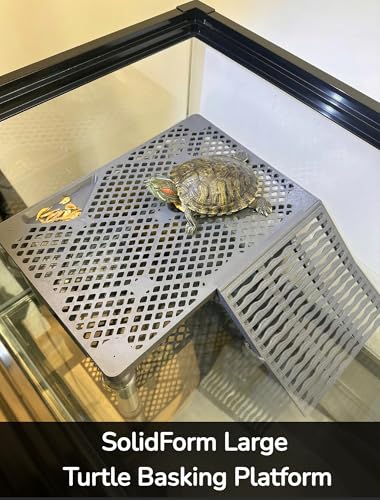 Large Wide Turtle Basking Platform with Built-in Food Tray, Zero Zip-Tied, Non-Slip Ramp, Resting Turtles Dock, for 50–120 Gallon Aquariums(14-in Width) Spacious Multi-Turtle Tank Accessories - size: Large（12.6×8.6inches）