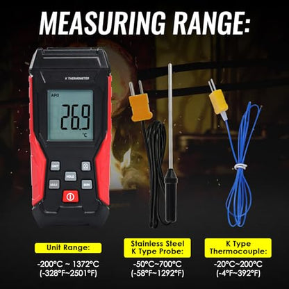 Digital K Type Thermometer with Two Thermocouple Probes, -328°F~2501°F Single Channel Thermocouple Thermometer HVAC Temperature Meter with Backlit LCD Display Max/Min, Data Hold