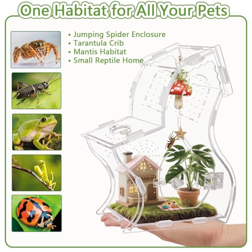 Premium 3mm Acrylic Terrarium for Jumping Spiders & Tarantulas | 5.9"x9.4"x3.5" Tall Arboreal Enclosure with Magnetic Doors & 1mm Micro-Vents | Escape-Proof Habitat for Mantis, Reptiles, Frogs