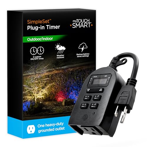 myTouchSmart Indoor/Outdoor Plug-in Digital Timer, One Grounded Outlet, Two Easy-to-Set Custom Daily On/Off Times, Weather Resistant, Ideal for Small Pumps and Seasonal Lighting, 36027 - size: 1 Pack