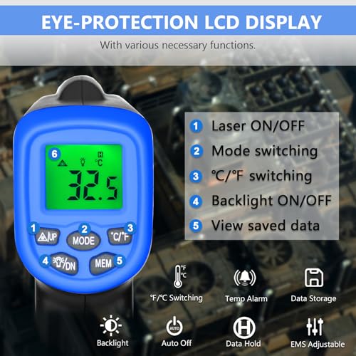 HOLDPEAK 981C Digital Laser Infrared Thermometer Non Contact, IR Heat Temperature Gun Instant-Read -58 to 1022℉ (-50 to 550℃) for Cooking, Grill, Pizza Oven, Griddle, Engine, HVAC, Not for Human
