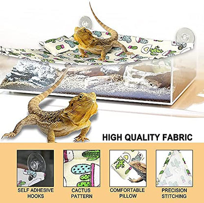 Bearded Dragon Hammock Swing Hanging Reptile Bed Lounger with Pillow Hooks & Suction for Lizards, Gecko, Lguana Reptiles(Beige)… - color: Beige