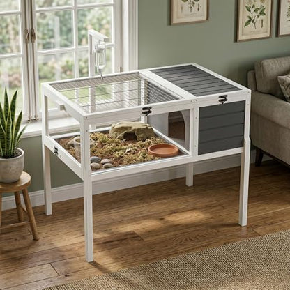 39.5" Large Wooden Reptile Habitat Tortoise House with Lamp Holder, Clear View Window & 2 Waterproof Trays, Detachable Legs Indoor Outdoor Enclosure for Turtles Lizards Geckos Small Pets