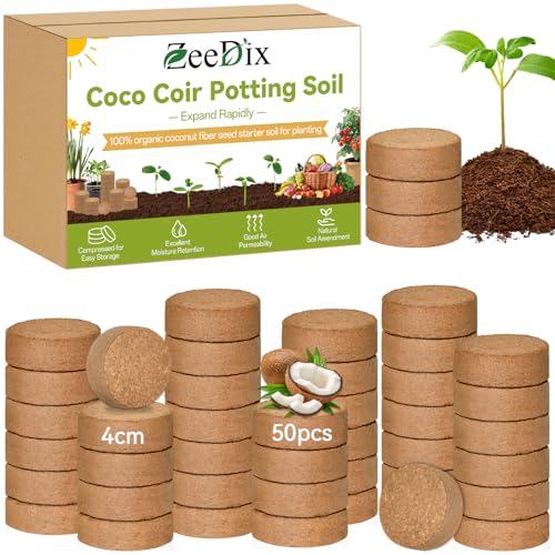 ZeeDix 50 Pack 40mm Organic Coco Coir Seed Starter Pellets, Compressed Coconut Fiber Seed Starter Soil Discs Potting Soil Mix for Indoor Outdoor Plants, Herbs Houseplants Bonsai Vegetables Flowers - color: 50 Pack, size: 40mm