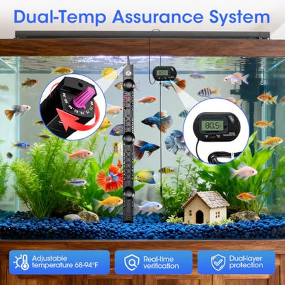 MQ Submersible Aquarium Heater Auto Thermostat, 200W Fish Tank Heater for 15 to 40 Gallon with LCD Digital Aquarium Thermometer, Shatter-Proof and Blast-Proof - size: 200W for 15-40 Gallon