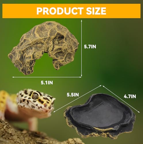 Small Hideout for Reptiles,Reptile Hide Cave Resin Gecko Habitat Decor 2 in 1 Multi-Functional Leopard Gecko Tank Accessories Hideout with Detachable Base as Food Bowl