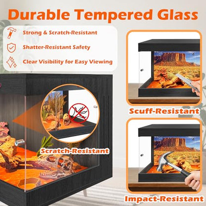 ROYXEN Reptile Tank, 64 Gallons Reptile Enclosure with Lockable Design, Tempered Glass Bearded Dragon Tank for Lizard Habitat, Soild Wood Built-in Sockets (Black, 40"x20"x19.5") - color: Black, size: 40"x20"x19.5"