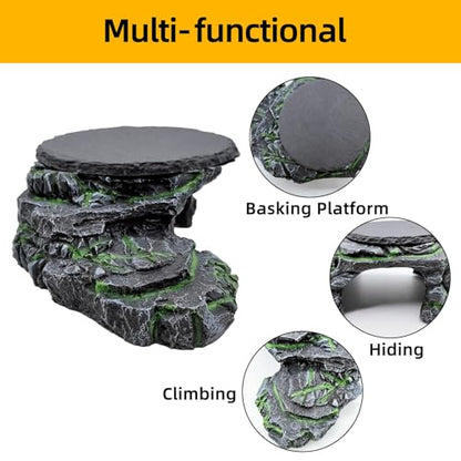 Reptile Basking Platform, Turtle Basking Platform Juvenile Beared Dragon Tank Accessoriese Reptile Hide with Rock Plate for Lizard, Leopard, Crested Gecko(Large-Green) - style: style 2