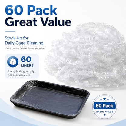 60 Pack Disposable Small Animal Cage Liners with Elastic Edge - Fits Trays up to 50" Perimeter (e.g. 15"x10") - Rabbit Litter Box Liners & Easy Clean Bunny Supplies